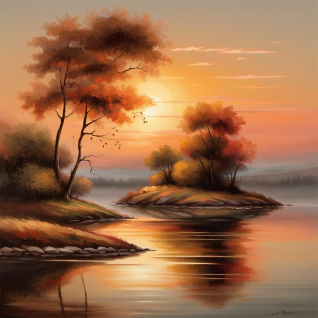 Tranquil Sunset Landscape in Impressionist Style