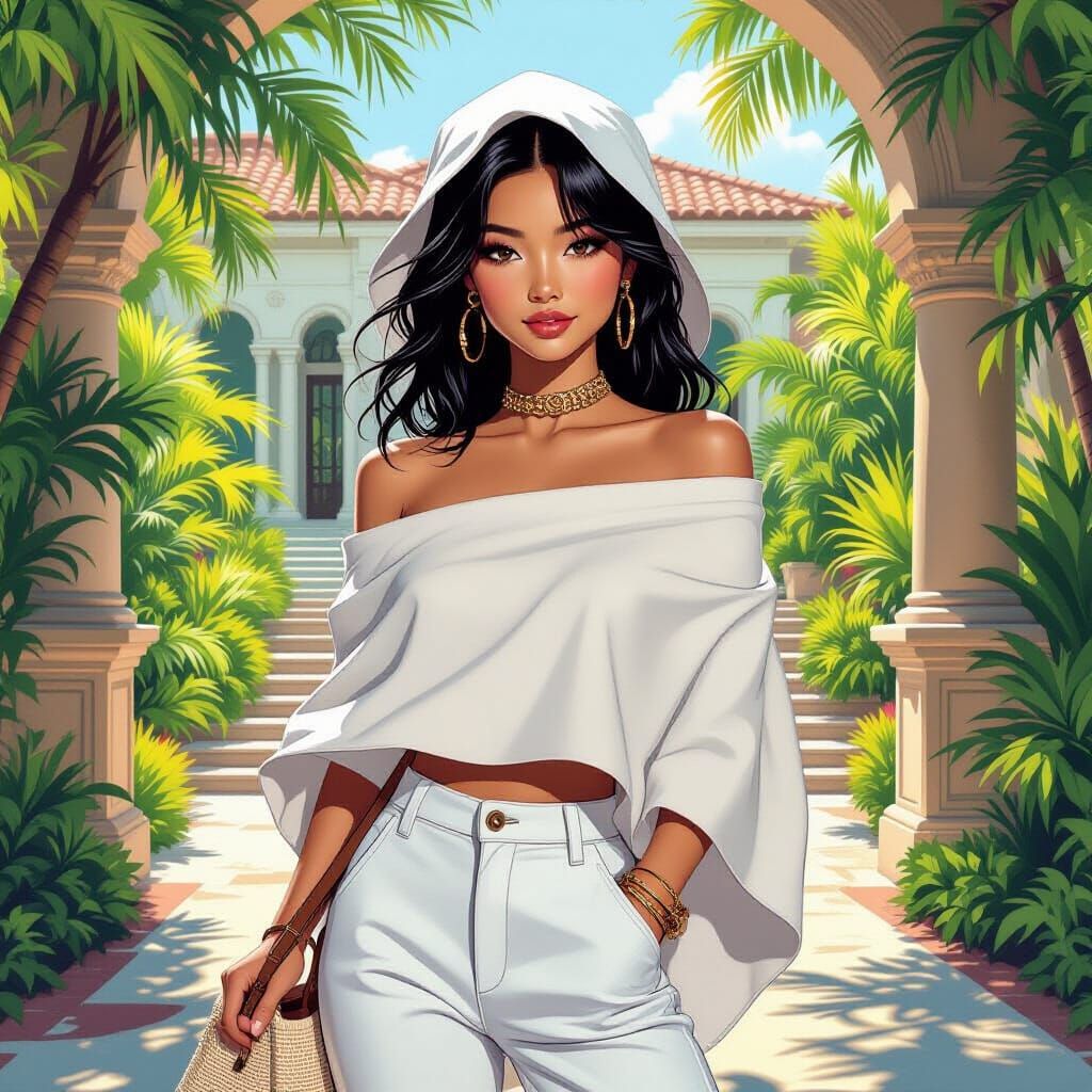 Stylish Girl on Mansion Grounds in Comic Book Style