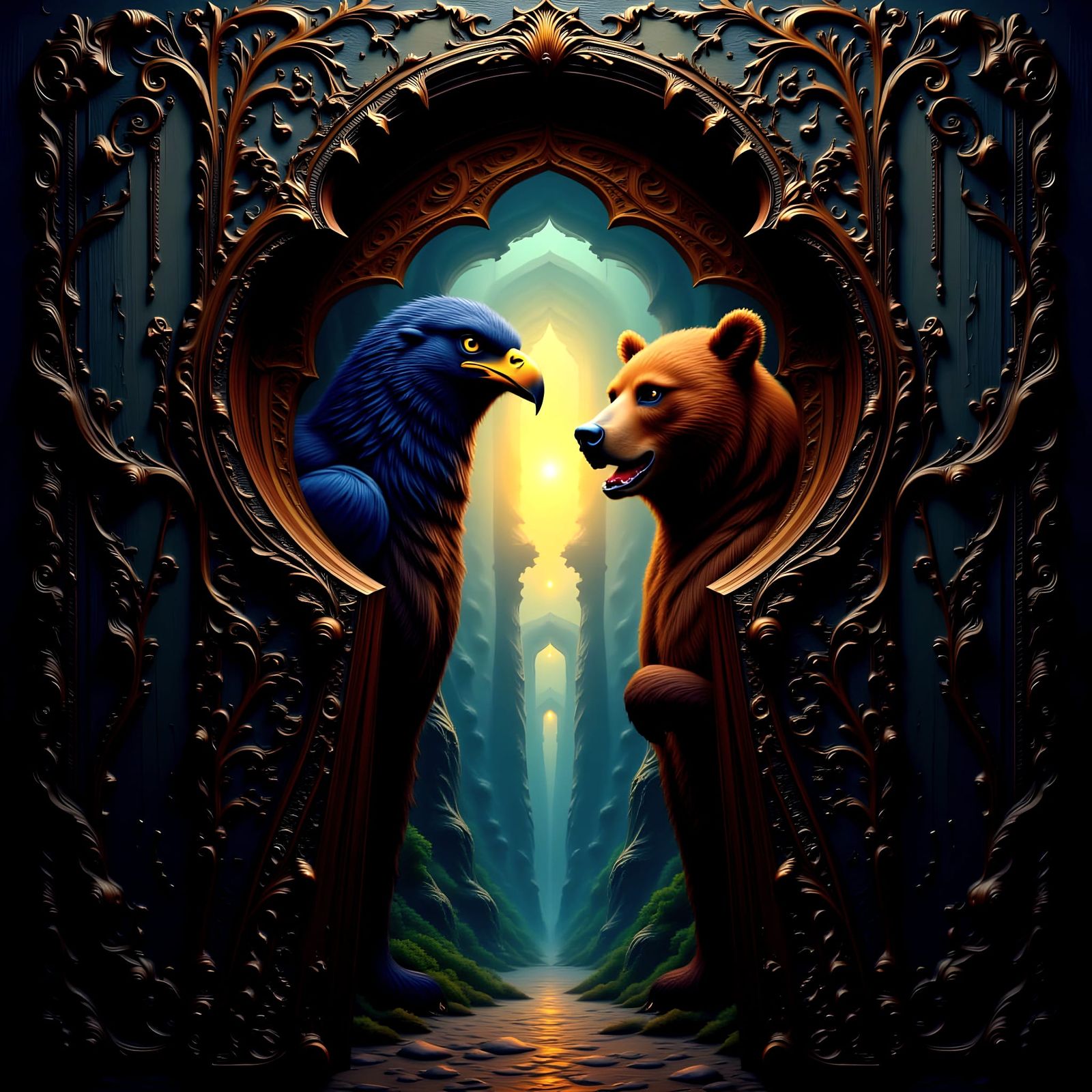 Eagle and Bear in Secret Conversation Through Ornate Keyhole
