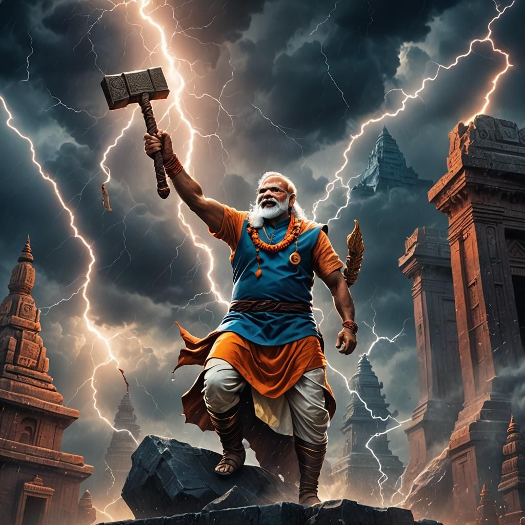 Modi as Thor Wields Hammer in Stormy Temple