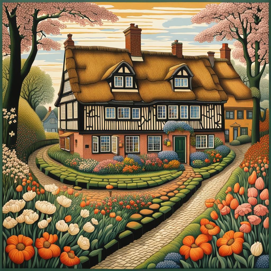 North Frisian House in Escher-Inspired Lithography