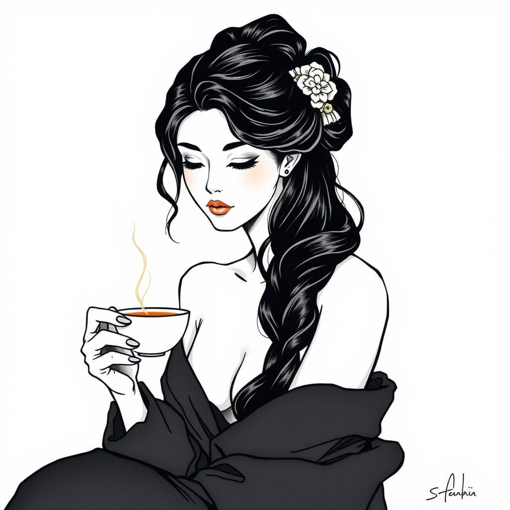 Elegant Woman in Black Ink Line Art with Tea