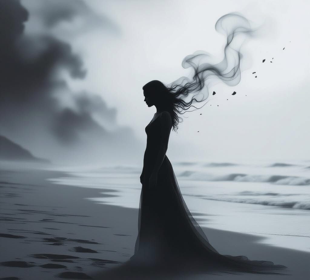 Cinematic Album Art: Woman Dissolving on Misty Beach