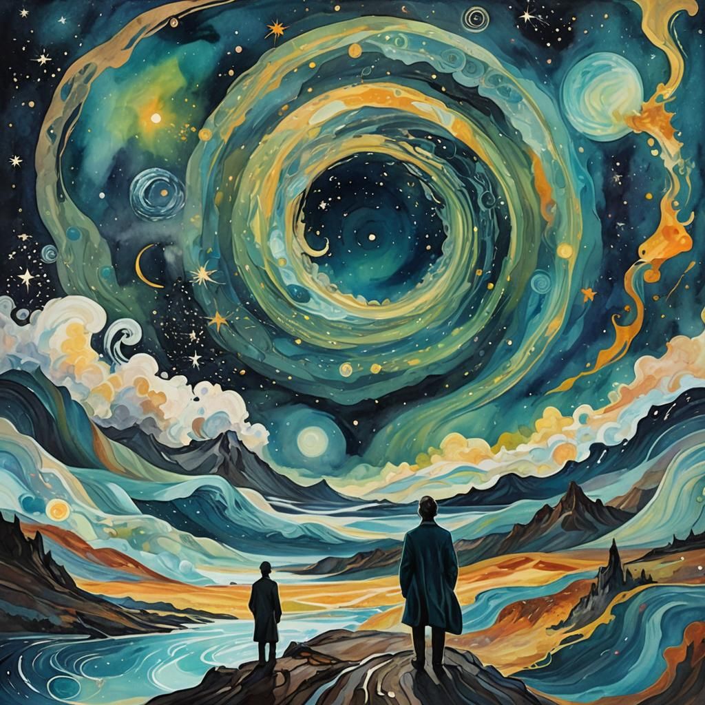 Surreal Cosmic Landscape with Figure, in Watercolor Style