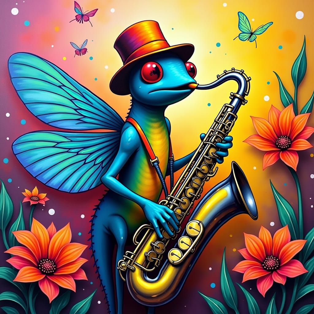 Dragonfly Saxophonist in Polychromatic Street Art Style