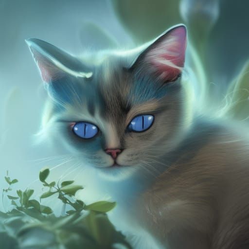 Blue-Eyed Cat Smelling Flowers: Detailed Matte Painting