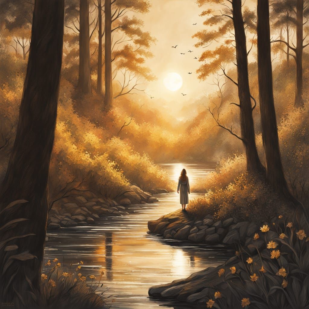 Serene Riverbank Scene in Charcoal Drawing