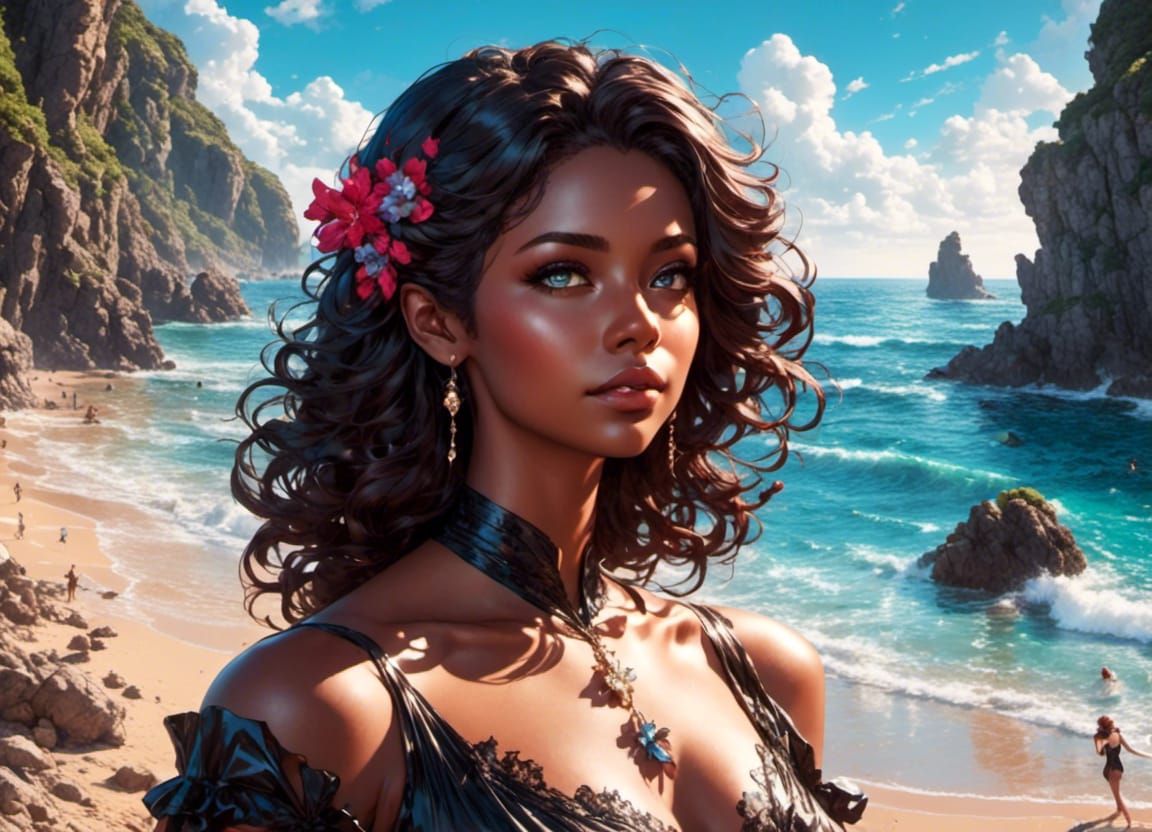 Anime Beach Woman Portrait in 3D Style