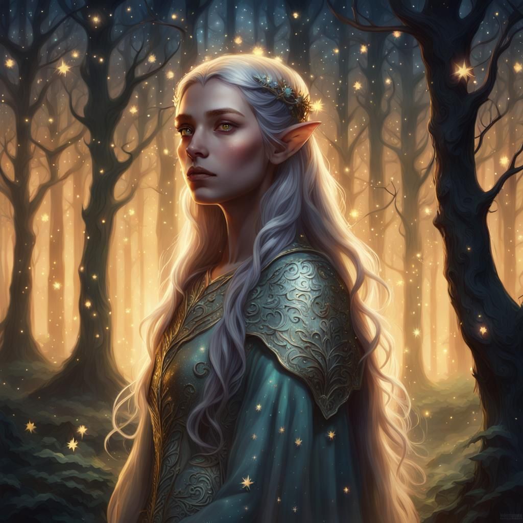 Ethereal Elf Maiden Basks in Starlight Within Whimsical Fore...