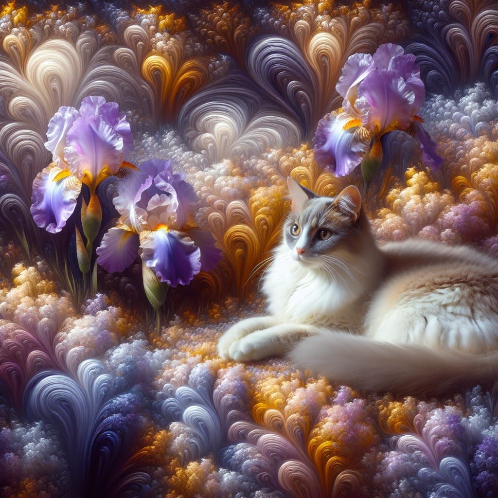 Whimsical Cat Amidst Lavender Irises in Delicate Fractal Har...