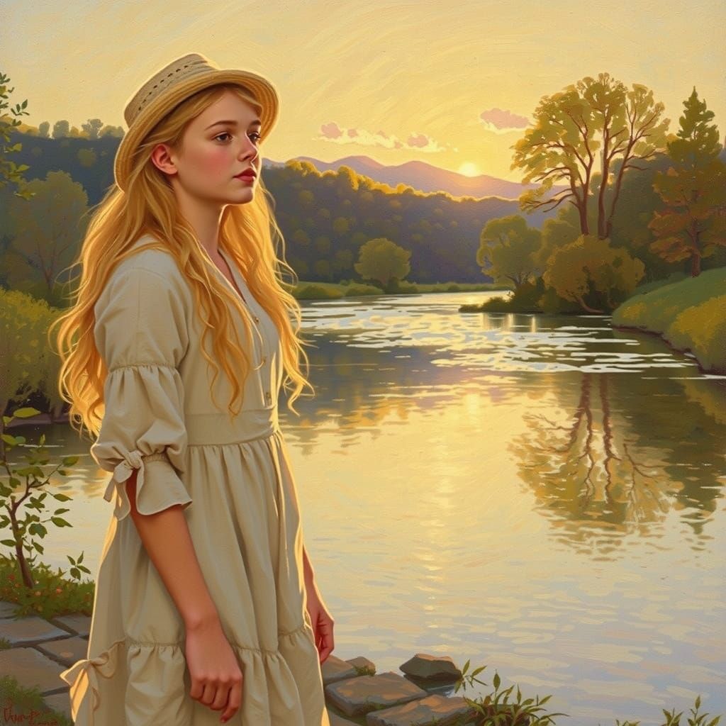 European Girl in Summer Dress at Sunset River