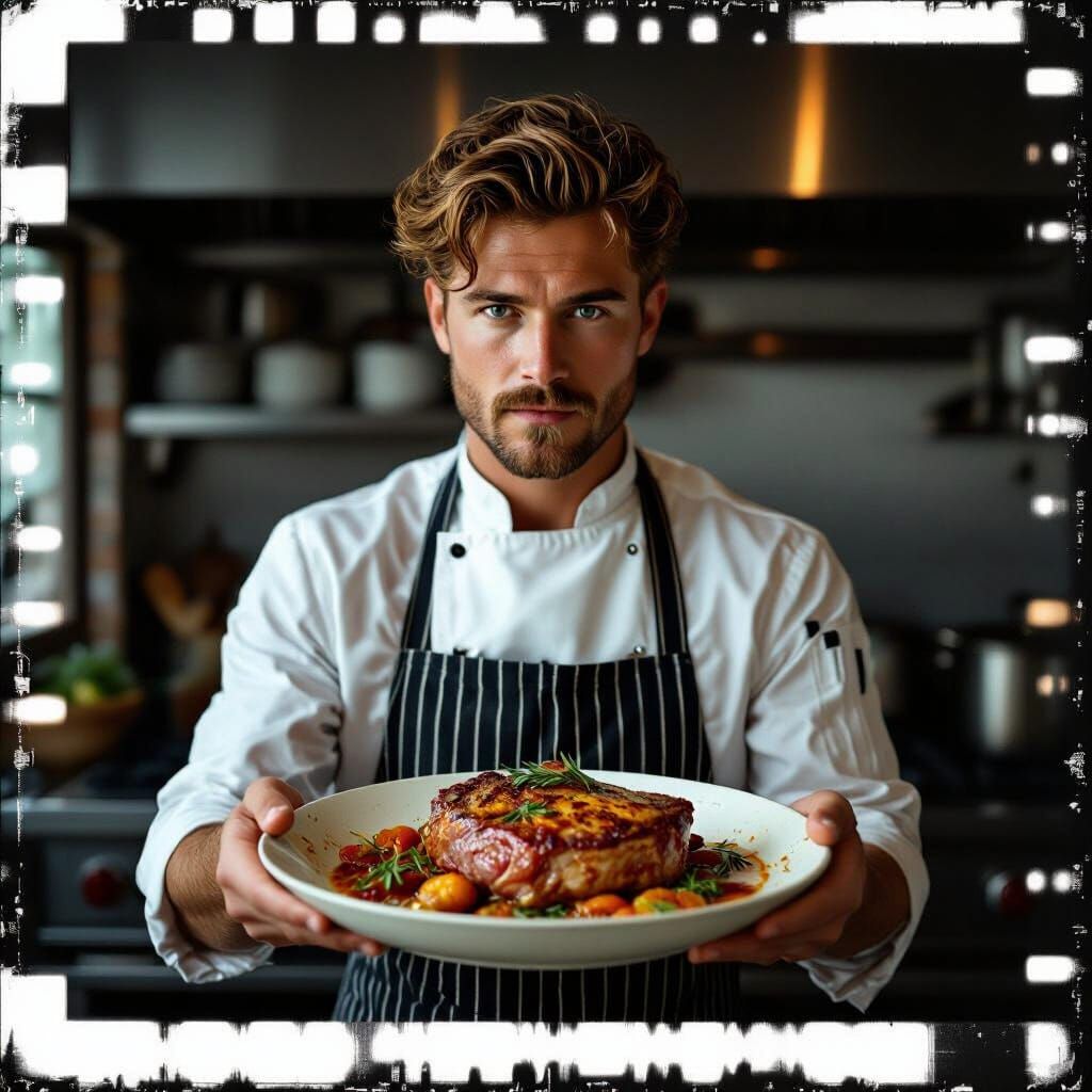 Dramatic Kitchen Scene with Meat Dish, Cinematic Style