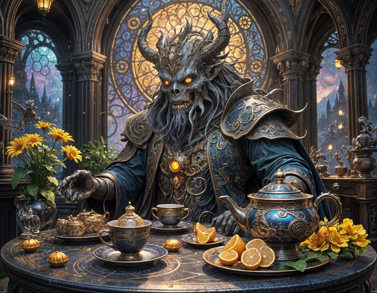 Epic Dark Fantasy Tea Party in Cosmic Splendor