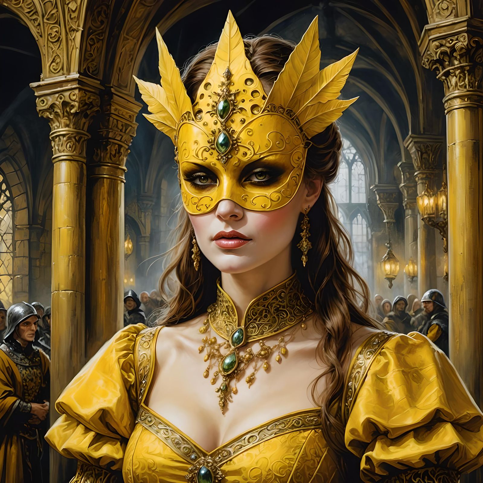 Lady in Yellow Mask at Medieval Ball