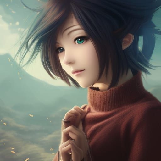 Anime Girl in Sweater, Detailed Digital Art