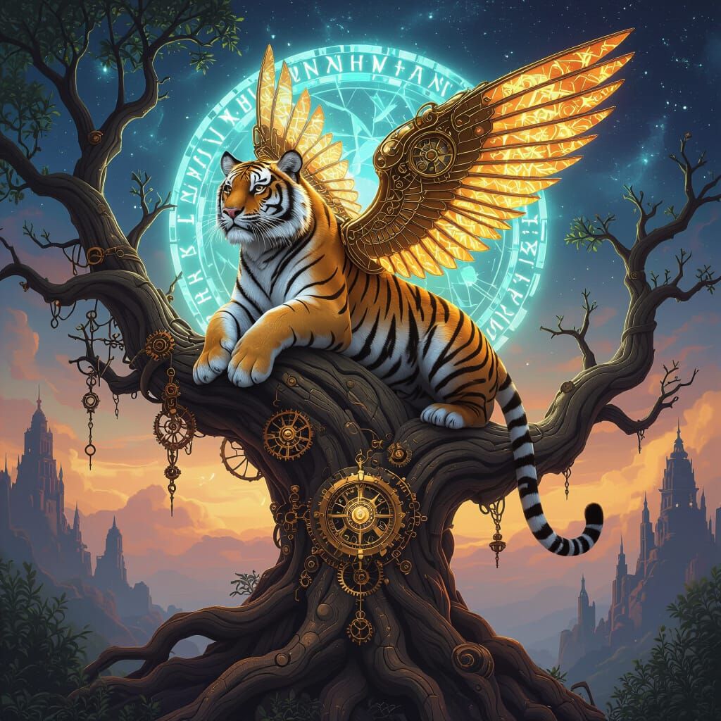Clockwork Tiger on Celestial Tree in Steampunk Landscape