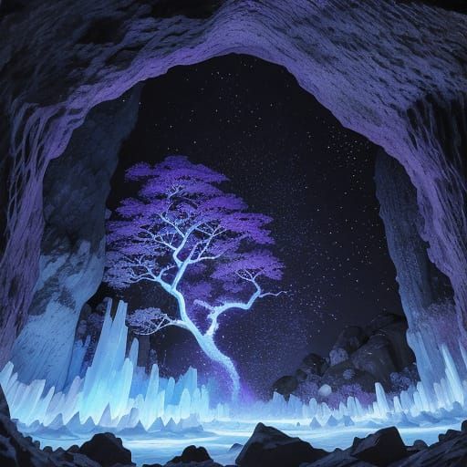 Narusawa Ice Cave, Japan, purple and blue ice, Ukiyo-e, neon, impasto kintsugi sharp focus