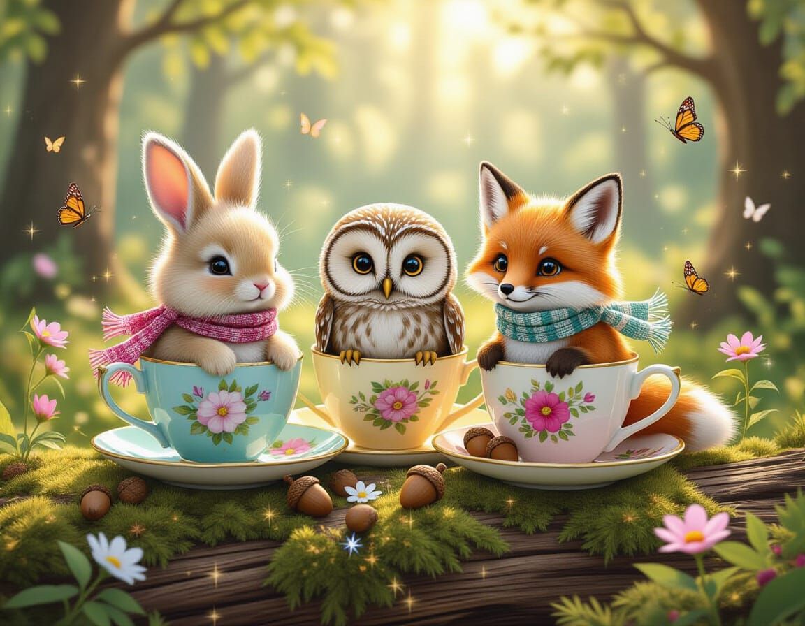 Forest Creatures in Teacups Bathed in Sunlight