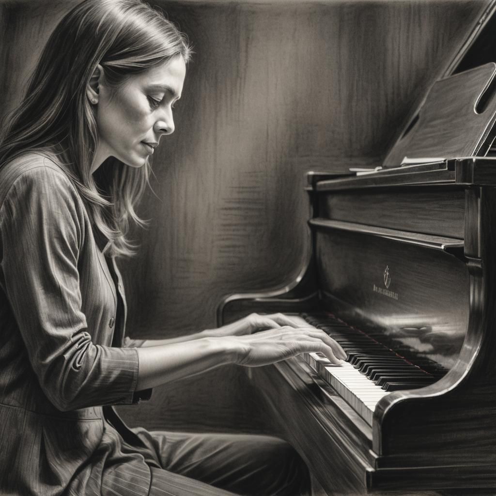 Expressive Charcoal Drawing of Pianist at Grand Piano