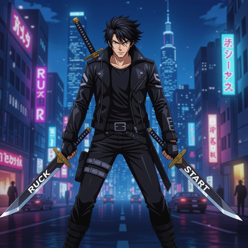 Anime Swordsman in Neon City, in Cyberpunk Style
