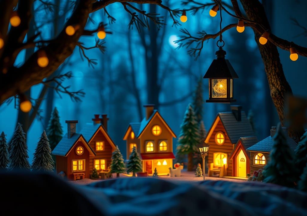 Detailed Forest Lamp with Lit Village Houses