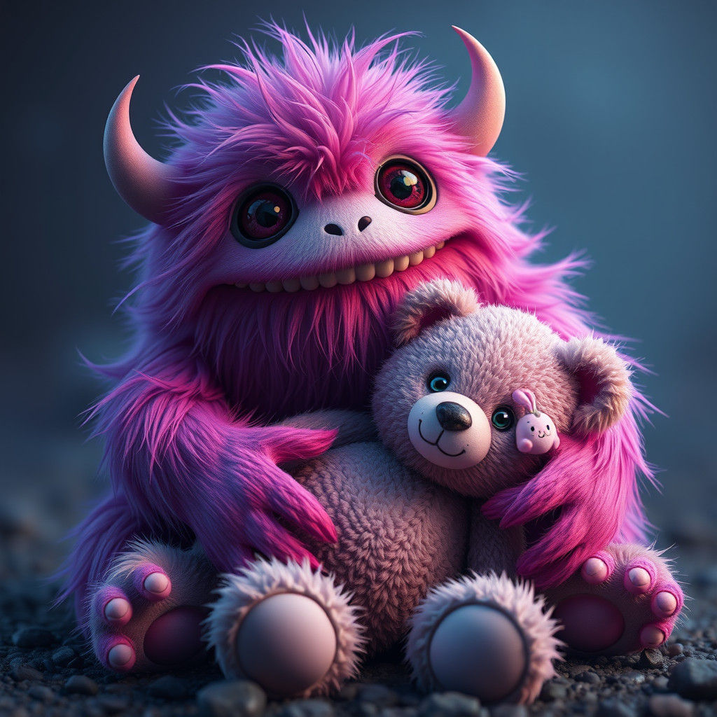 Pink and Purple Monster Cuddling a Teddy Bear