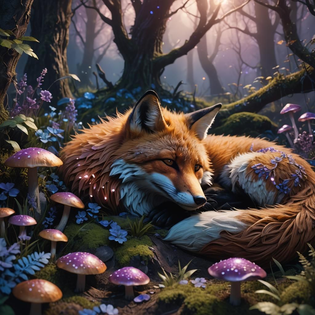 Fox Sleeping in Mystical Forest: Fantasy Concept Art