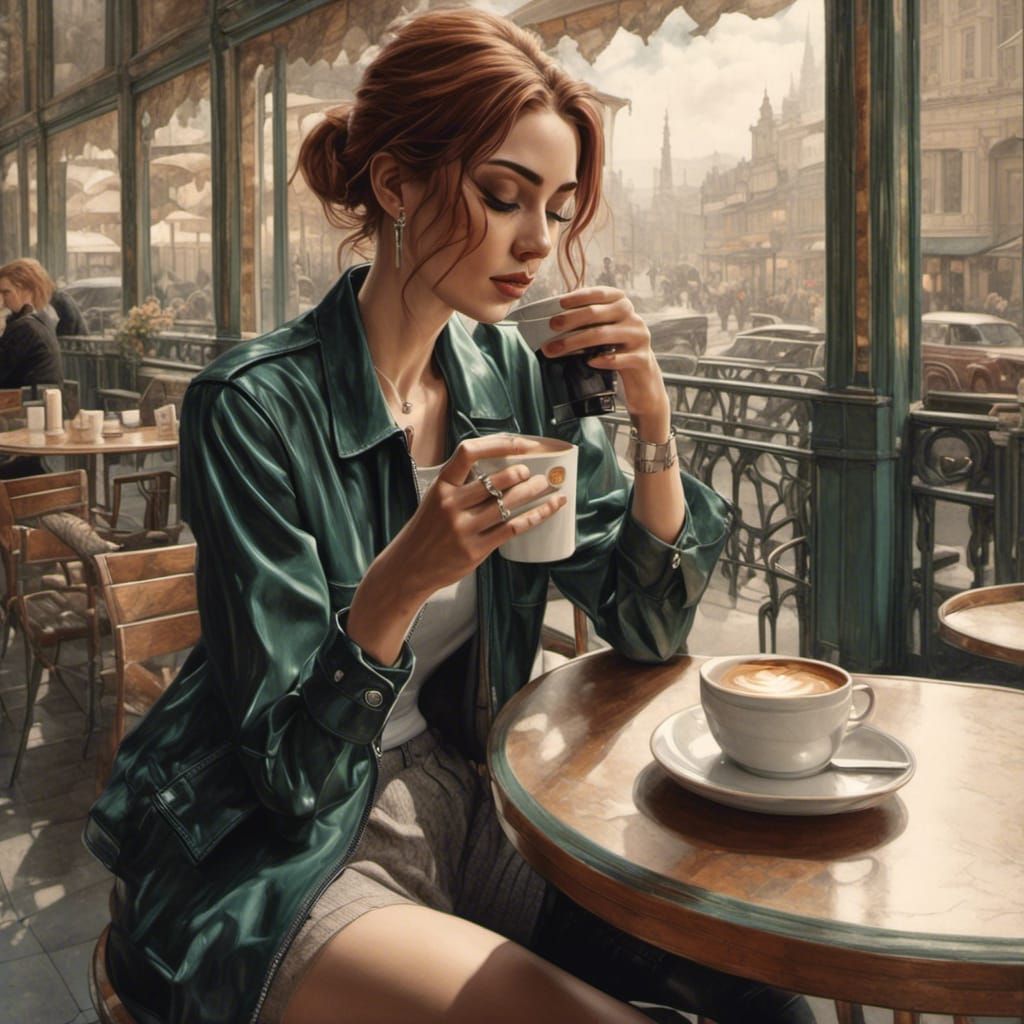 Woman Having Coffee, Vintage Illustration Style