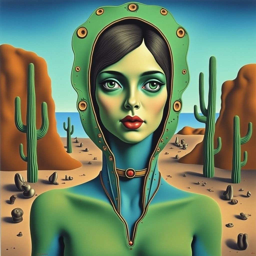 Alien Martian Girl with Green Eyes in Desert