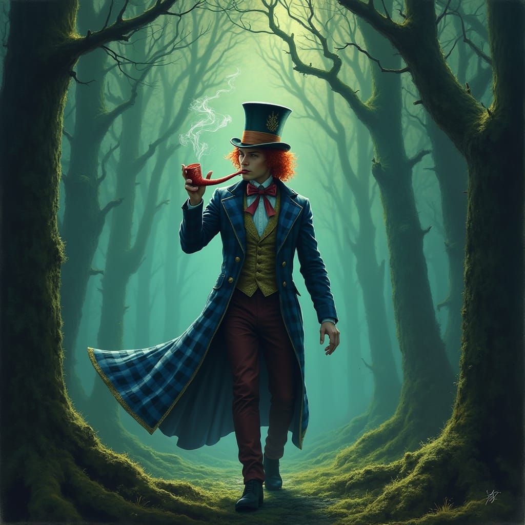 Mad Hatter Walks Dark Forest in Whimsical Victorian Style