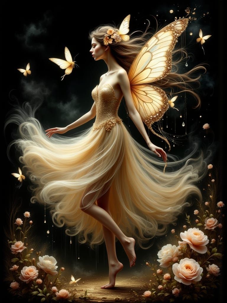 Dancing Fairy on Tiptoes with Butterflies and Raindrops