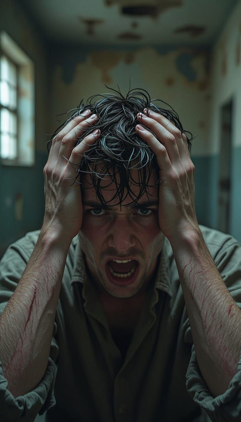 Man in Psychological Distress in Dilapidated Asylum Room