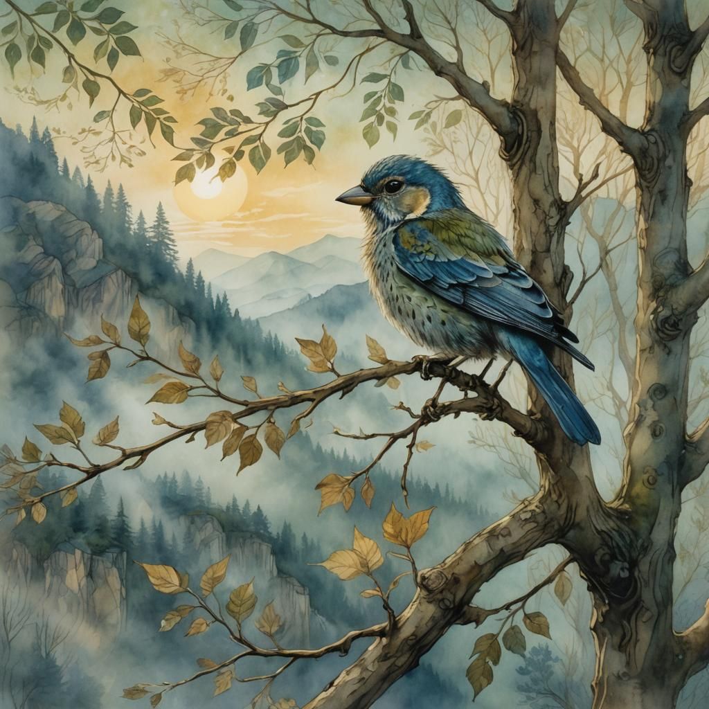 Ethereal Songbird Portrait in Watercolor Style