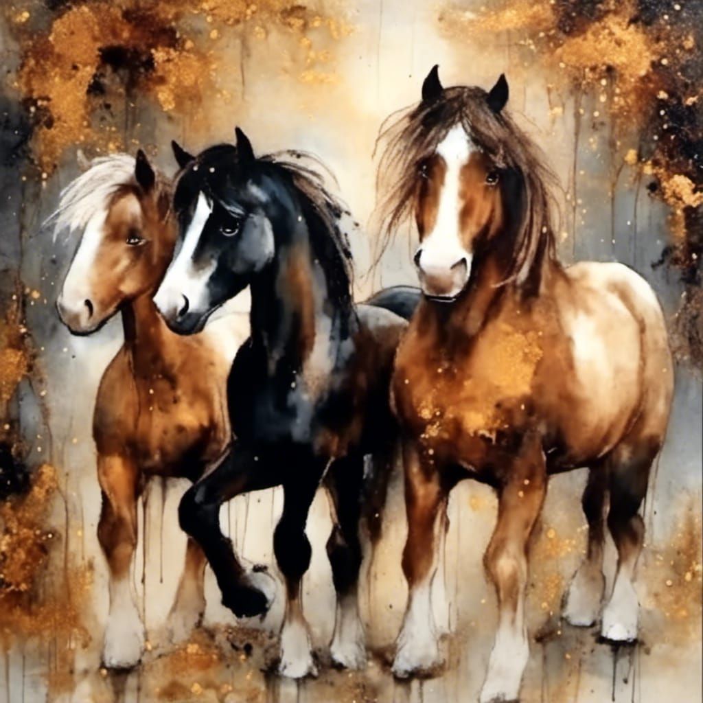 Miniature Shire Horses in Alcohol Ink Style