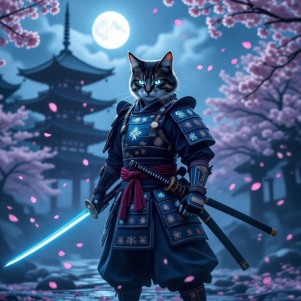 Samurai Cat Warrior with Glowing Katana in Foggy Temple