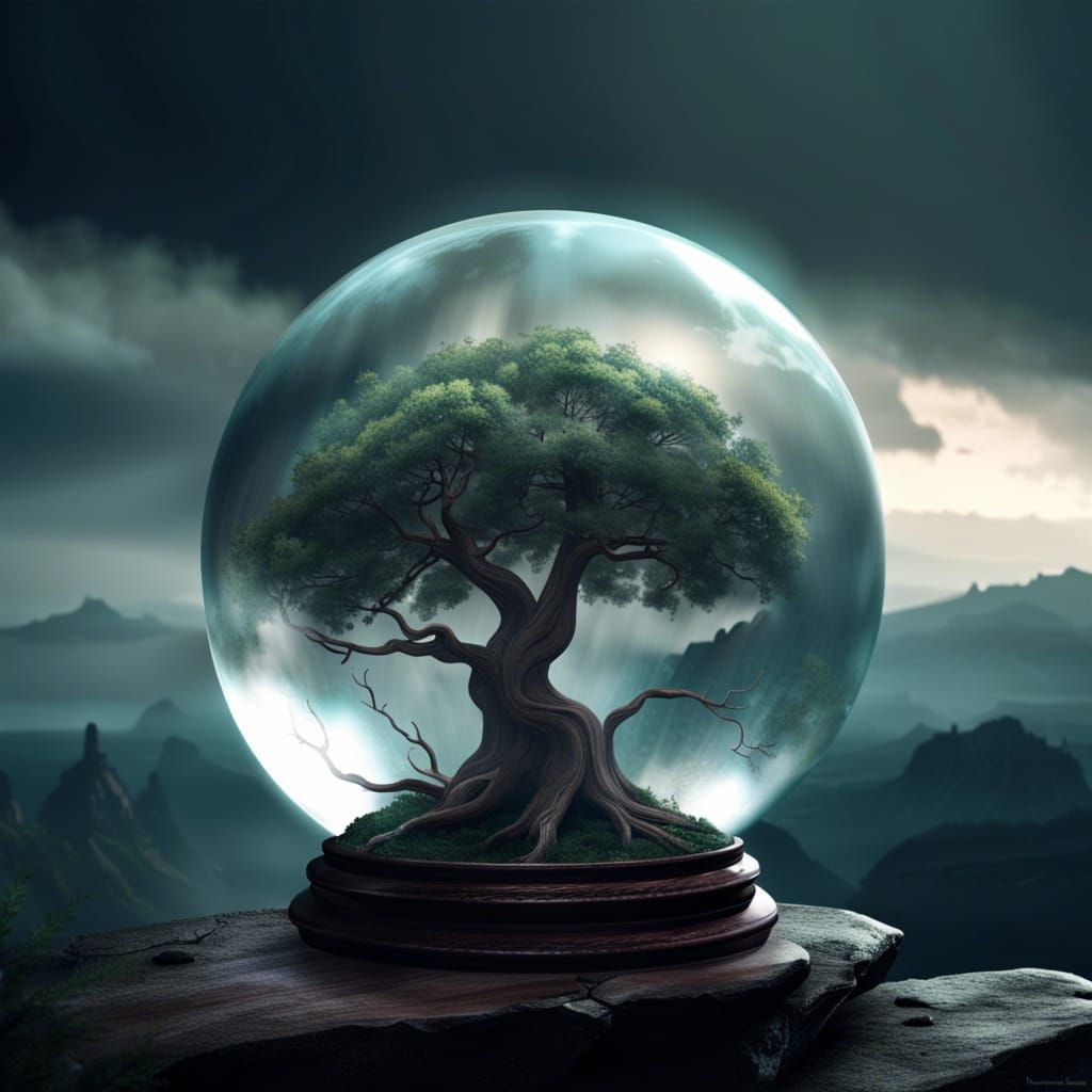 Magical Tree in Glass Sphere on Mountain
