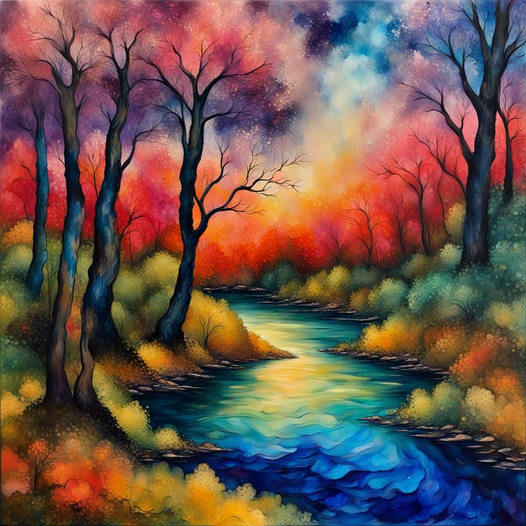 alcohol ink, impressionism, abstract forest, river runs thro...