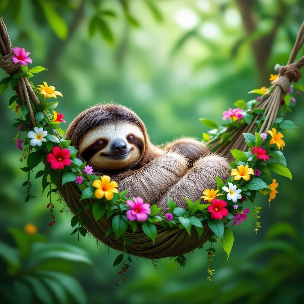 Sleepy Sloth in Flower Hammock in Gentle Jungle Breeze