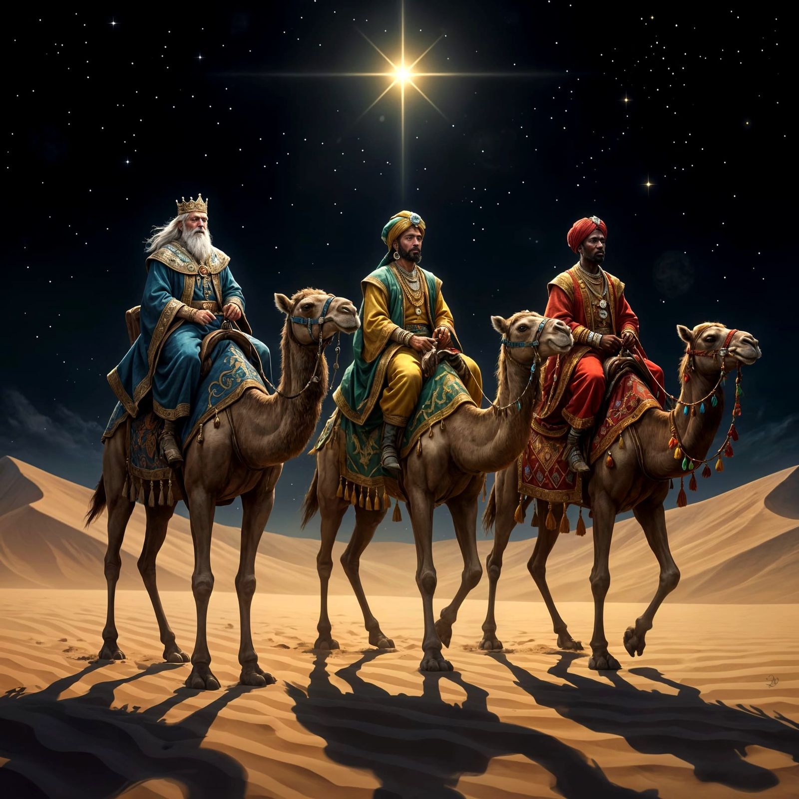 Wise Kings Journey Across Desert At Night