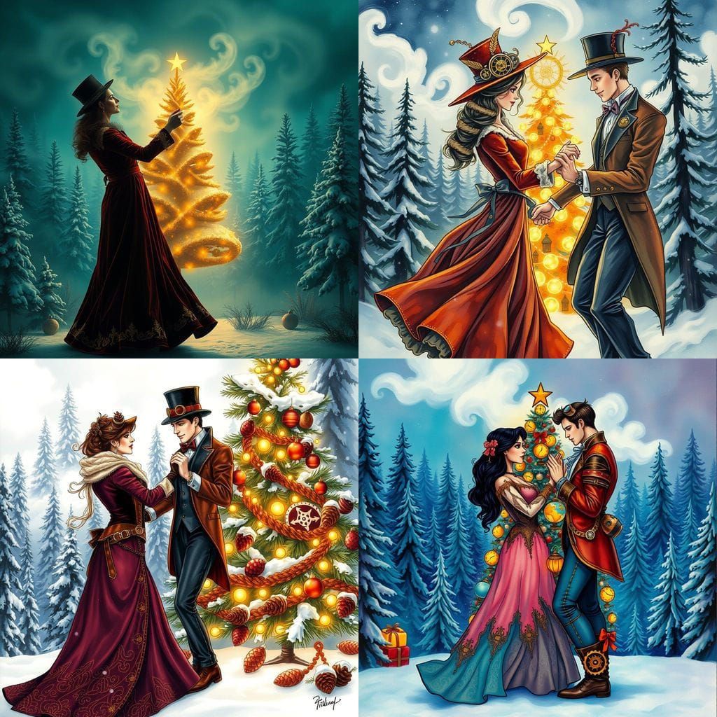 Steampunk Lady Wears Holiday Cheer in Whimsical Pine Forest....