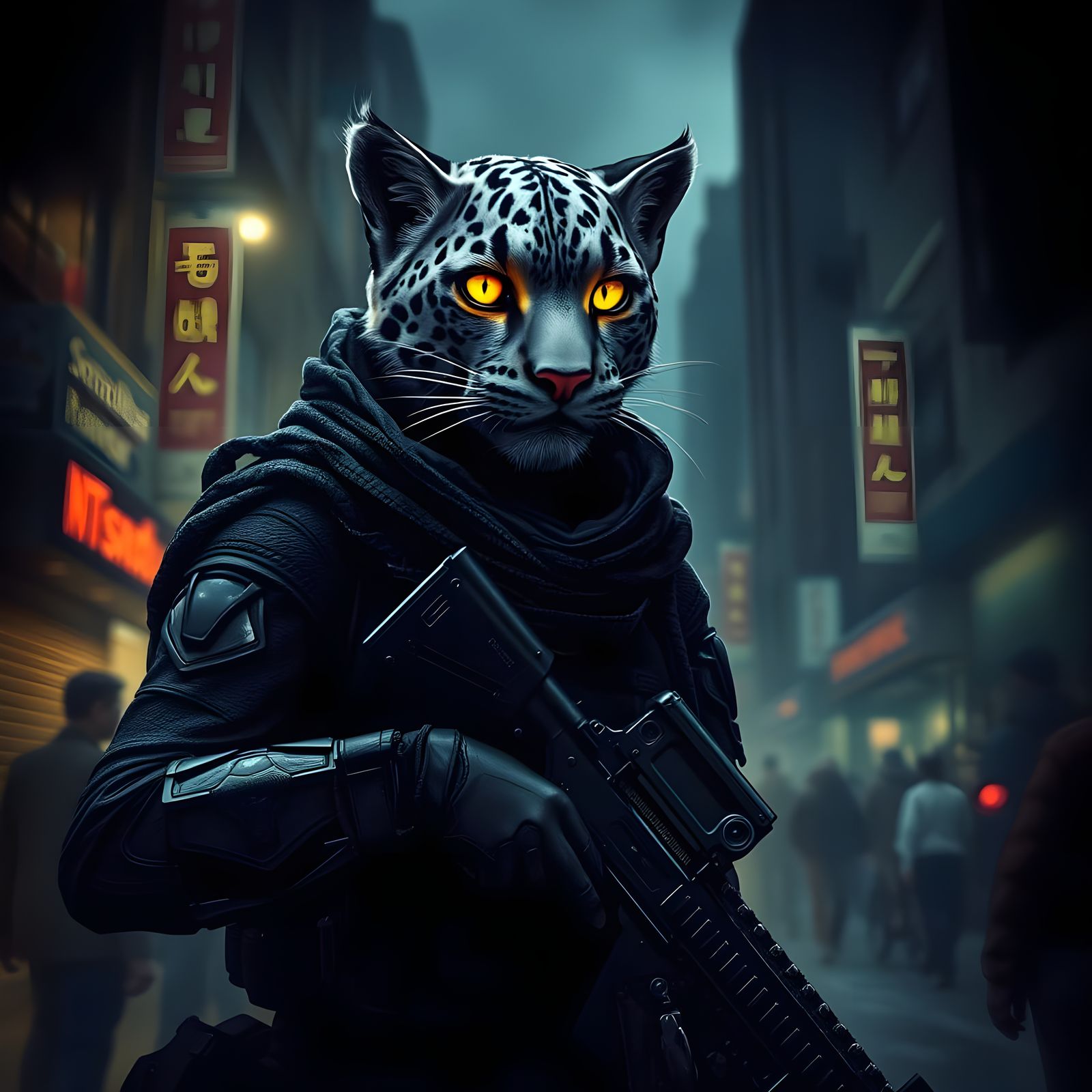 Snow Leopard Vampire Soldier Patrols Rio at Night