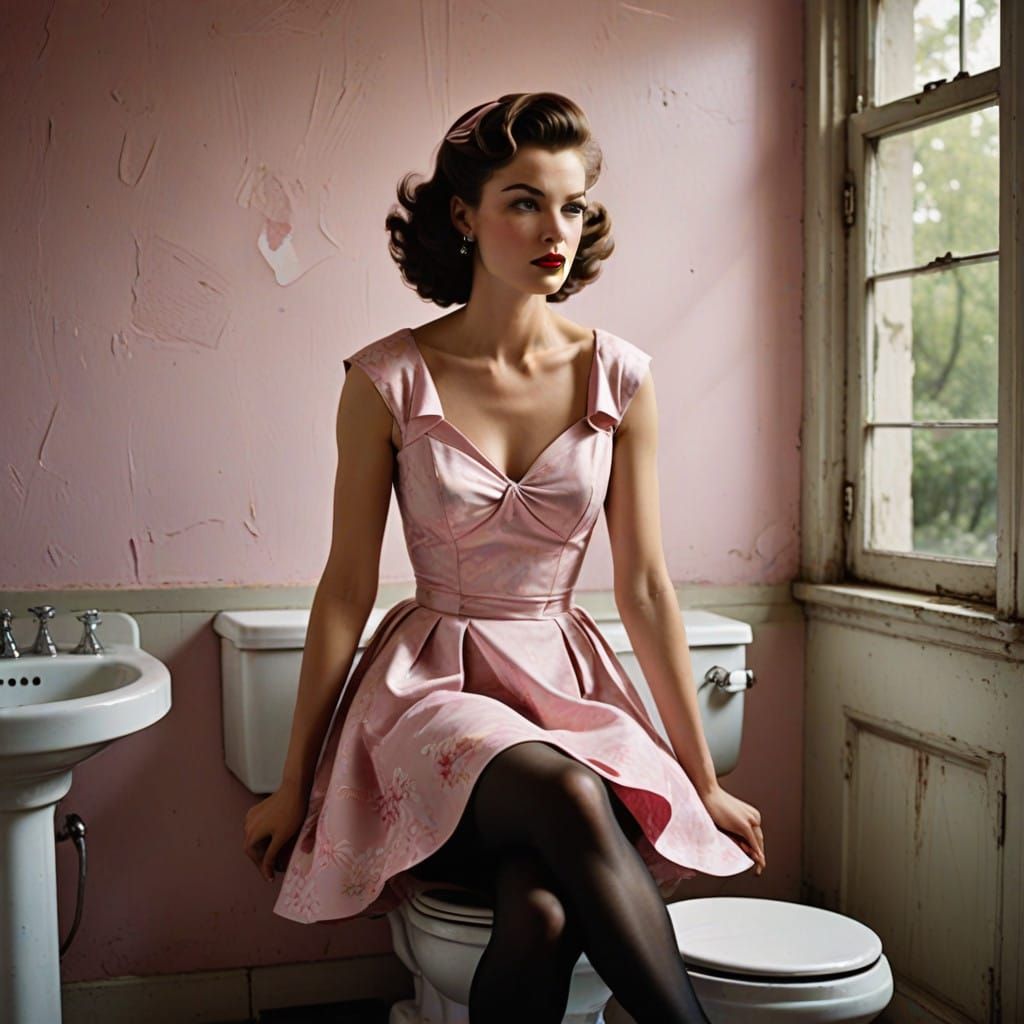 Dapper 1950s Housewife in Flowery Sundress, Exuding Vintage...