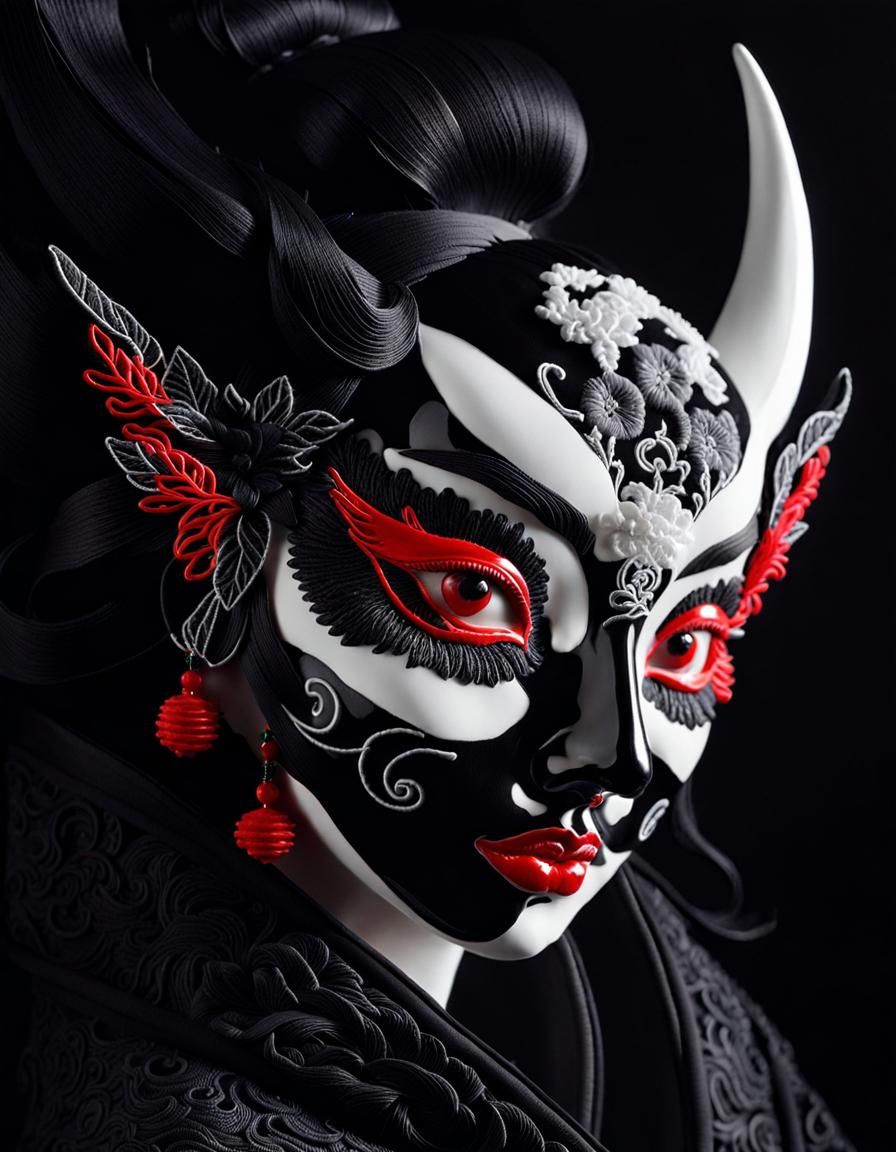 Surreal Japanese Embroidery Nightmare World in Double Exposu...