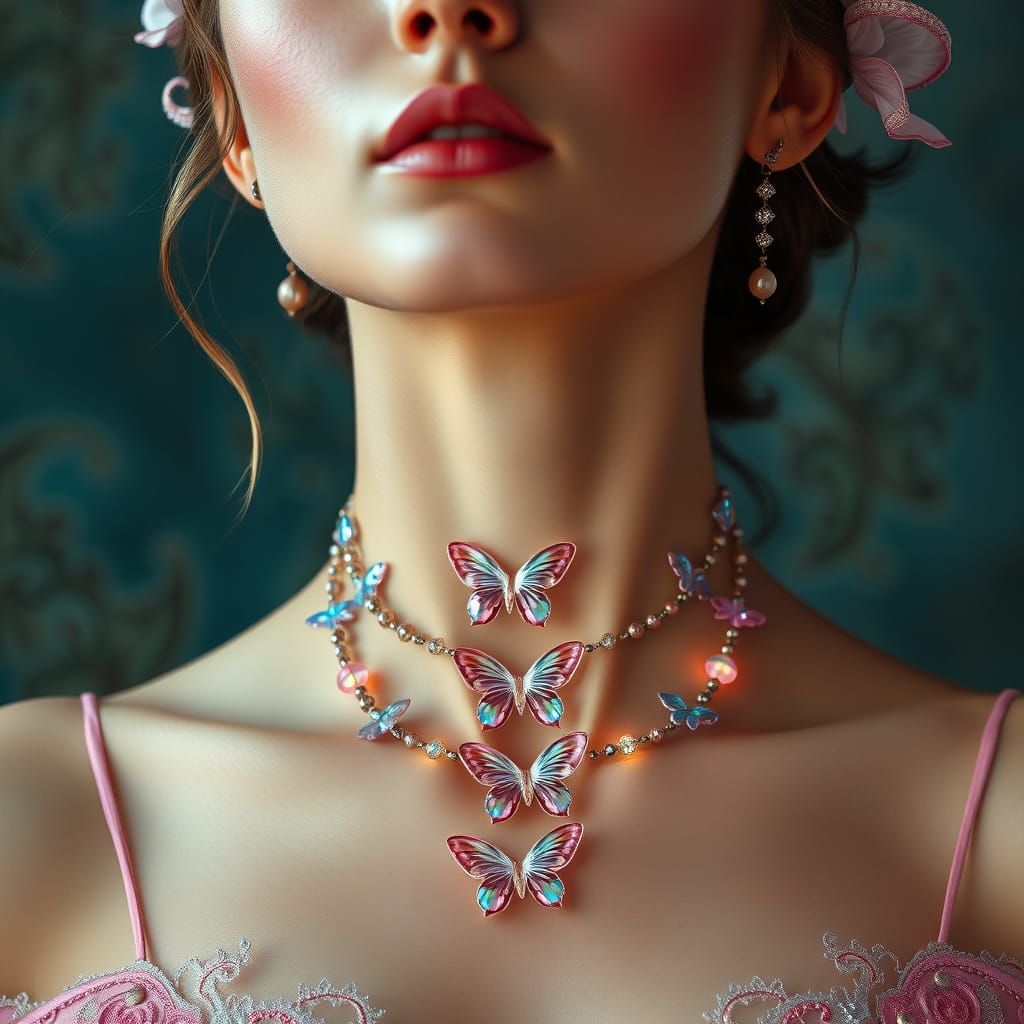 Ethereal Glass Butterfly Necklace Portrait in Art Nouveau St...