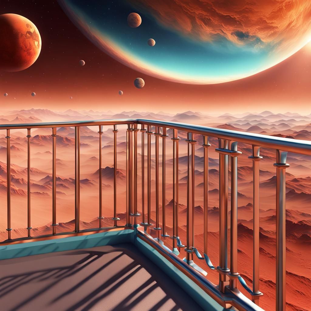 Mars Hotel Balcony with Vibrant Earth in Space