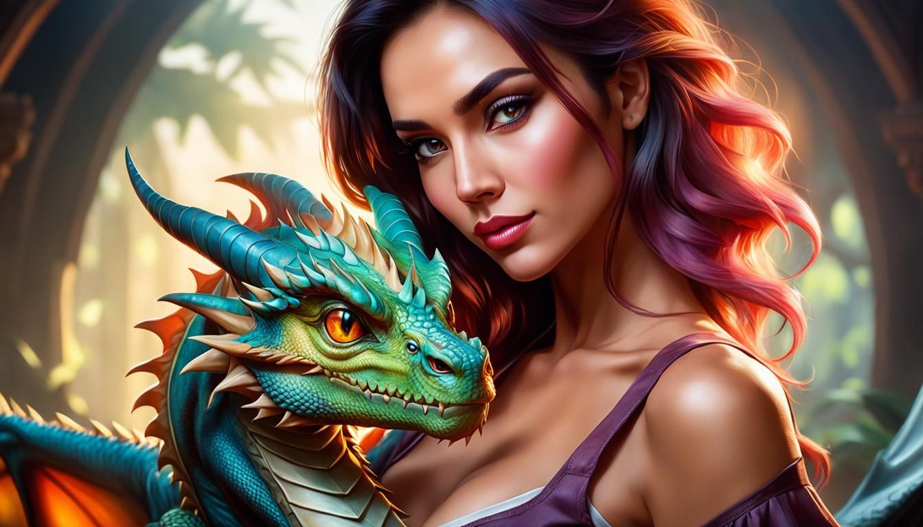 Woman with Baby Dragon: Colorful Stock Photo