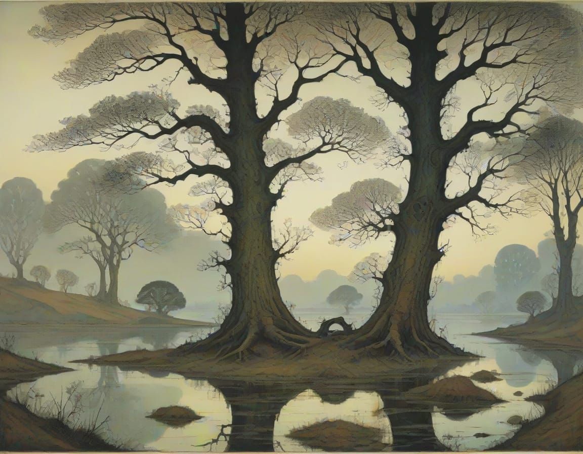 Moody Dusk Landscape with Majestic Oak Trees and Serene Lake