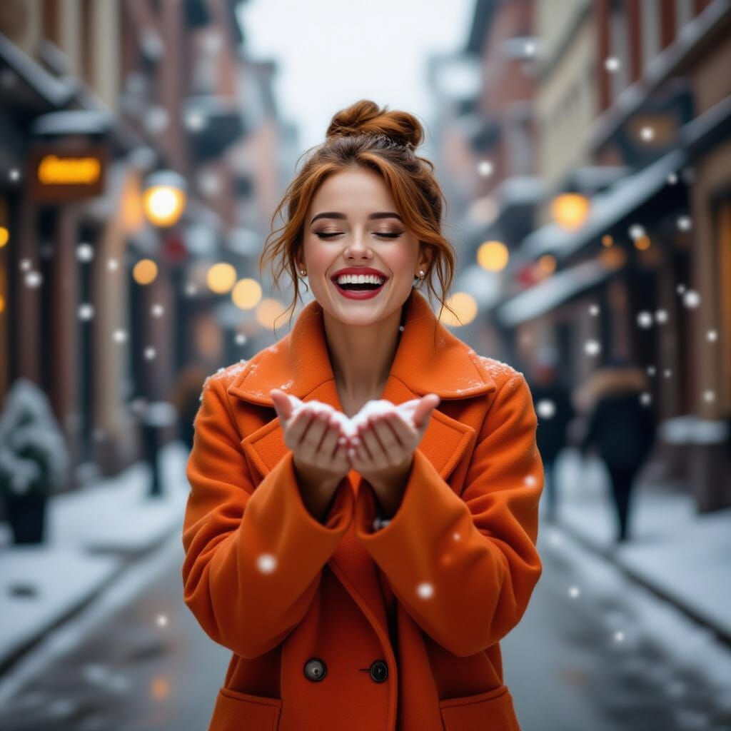 Joyful Woman in Orange Coat Catches First Snowflakes