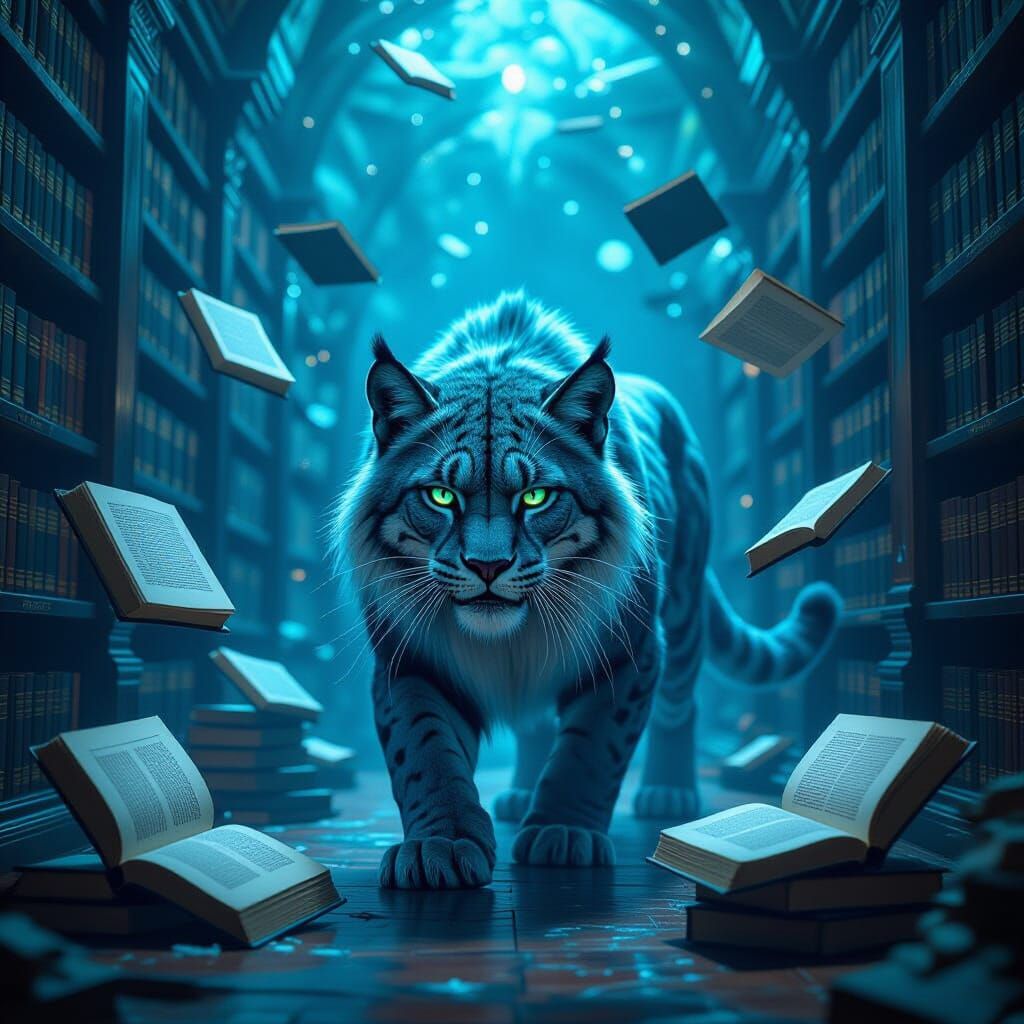 Bioluminescent Cat in Surreal Library