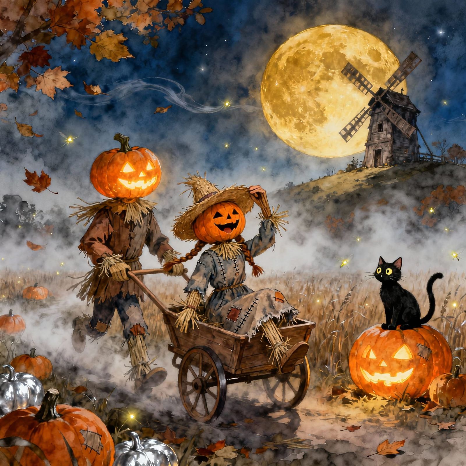 Fairytale Halloween: Scarecrows Push Cart Under Golden Moon